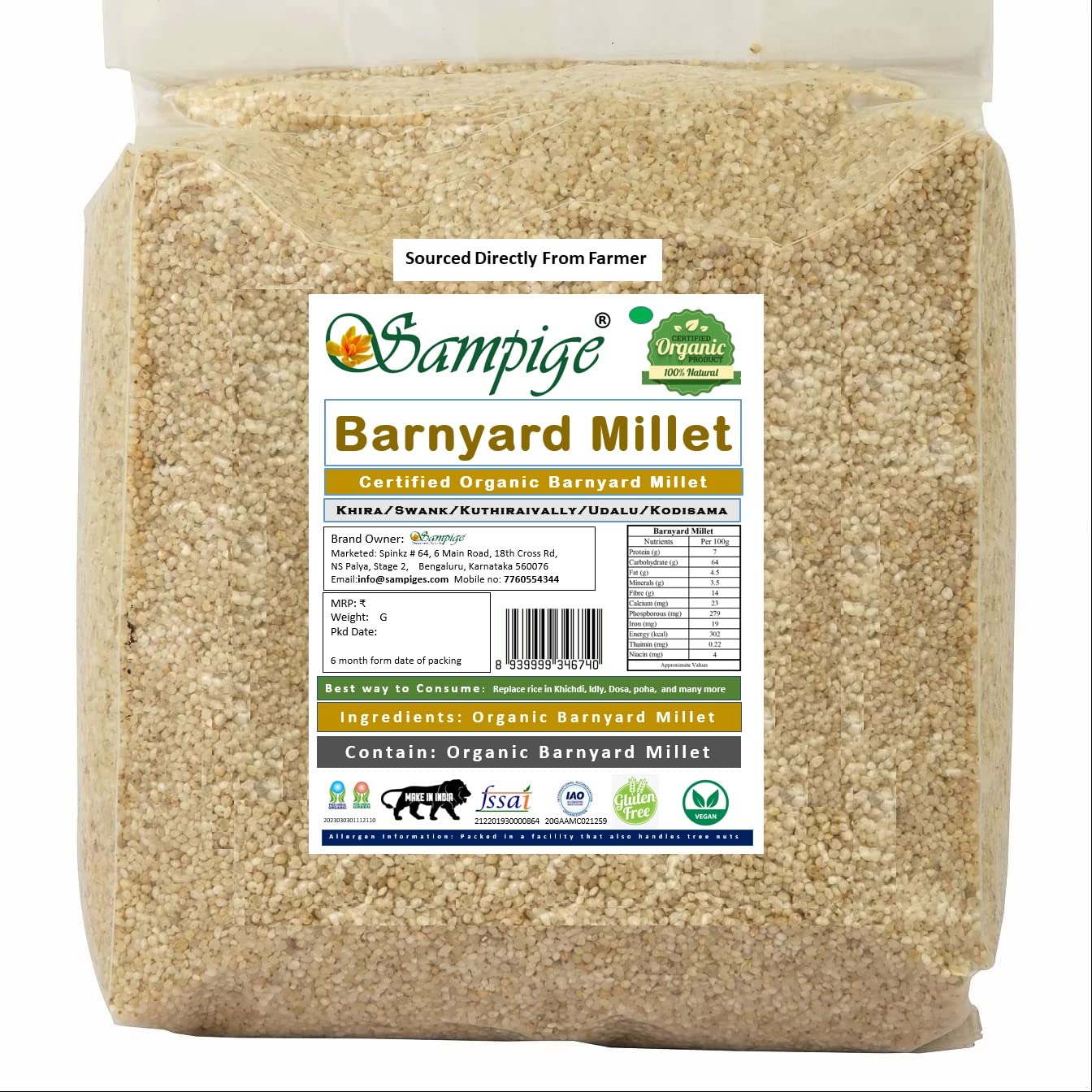 Certified Organic Barnyard millet 1800 G Khira | Swank| Kuthiraivally| Udalu| Kodisama| 1800 G Organic Barnyard millet